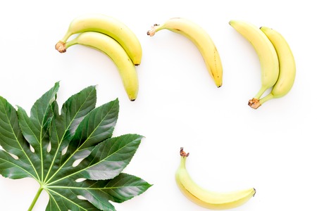Exotic fruits. Fresh ripe bananas near big tropical leaf on white background top view copyspaceの写真素材