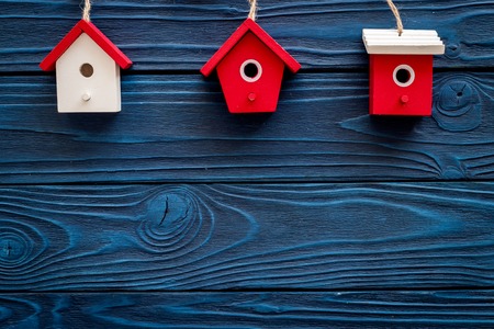New year's background. Christmas toys on blue wooden background top view.の写真素材