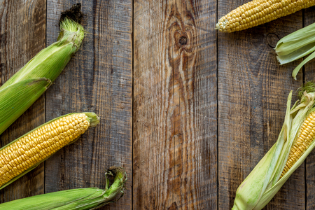 Vegetarian food. Corn cobs on rustic wooden background top view.の写真素材