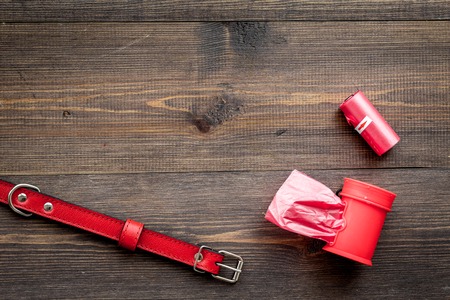 care about pet with red collar and grooming equipment on wooden table background top view mockupの写真素材