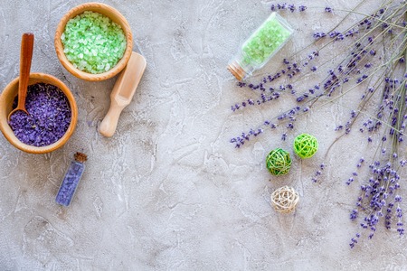 natural cosmetics with lavender and herbs for homemade spa on stone table background top view mock upの写真素材