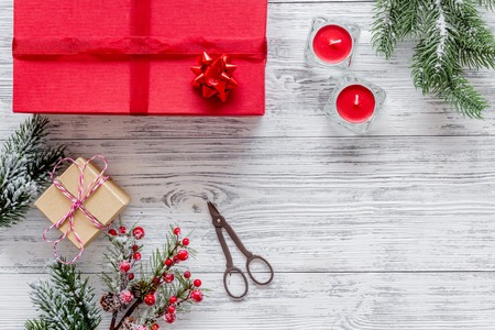 gifts wrapping set for new year and christmas 2018 greeting on wooden table background top veiw mock upの写真素材