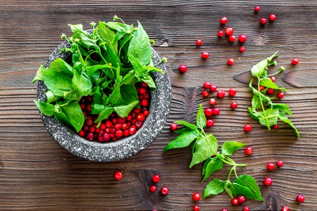 berries and herbs in mortar for making spices in food set on wooden background top viewの写真素材