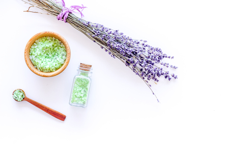 natural cosmetics with lavender and herbs for homemade spa on white table background top view mock upの写真素材
