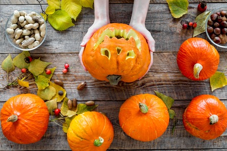 Carved smiling halloween pumpkin head among pumpkins on wooden background top view.の写真素材