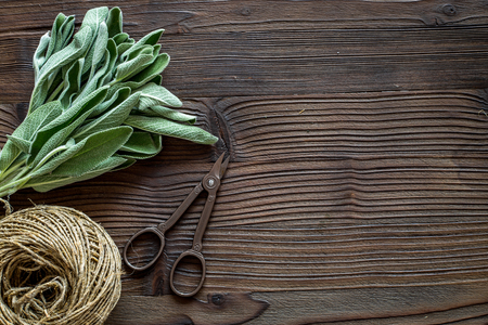 flat lay with fresh herbs and greenery for drying and making spices set on wooden kitchen table background mock-upの写真素材