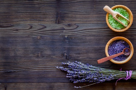 natural cosmetics with lavender and herbs for homemade spa on wooden table background top view mock upの写真素材