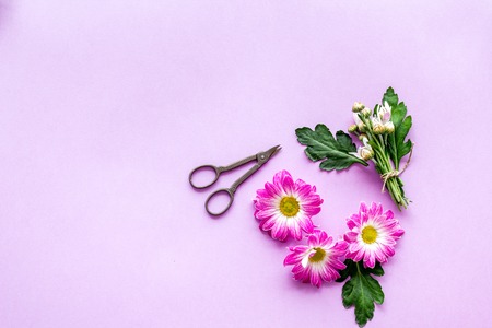 Floral pattern. Make bouquet concept. Pink flowers near sciccors on purple background top view.の写真素材