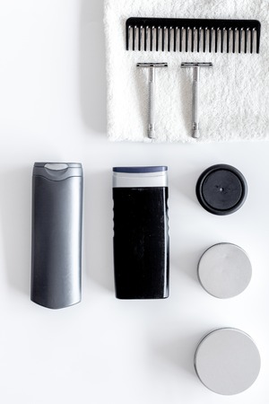 Cosmetics for men on white background top view.の写真素材