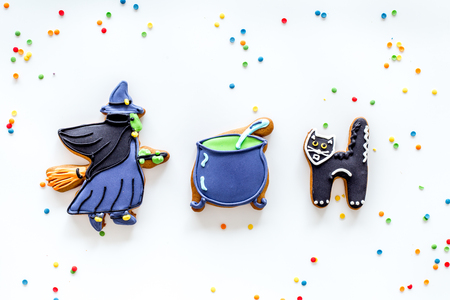 Bright halloween gingerbread cookies. Witch, cauldron and cat on white background top view copyspaceの写真素材