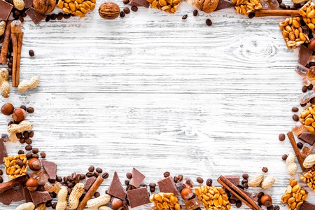 Mockup with chocolate on grey wooden background top view.の写真素材