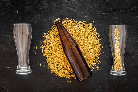 Grains of malting barley near beer bottle on black background top view.