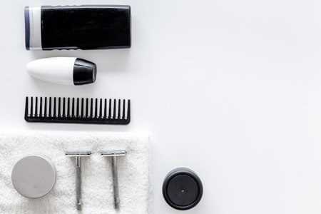 Men's shaving. Tools and cosmetics on white background top view.の写真素材
