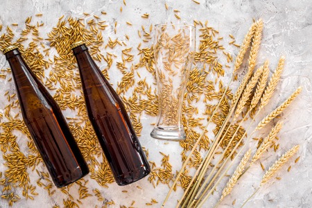Grains of malting barley near beer glass on grey background top view.の写真素材