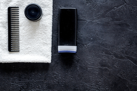 Cosmetics for men on black background top view.の写真素材