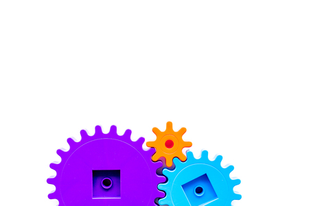 bright gears for great technology of team work and correct mechanism on white background top view copyspaceの写真素材