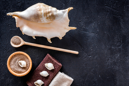 spa set with blue sea cosmetics for bath and shell on dark background top view mock-upの写真素材