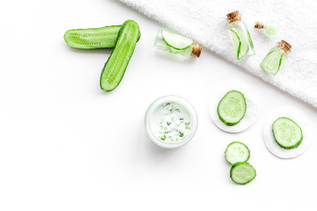 Sliced cucumber for face mask on white background top view copyspaceの写真素材