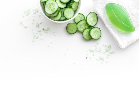 Sliced cucumber for face mask on white background top view copyspaceの写真素材