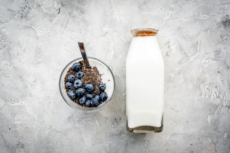 How to eat chia seeds. Dessert with yogurt, chia and blueberries on grey background top view.の写真素材