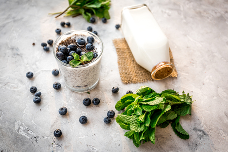 How to eat chia seeds. Dessert with yogurt, chia, blueberries and mint on grey backgroundの写真素材