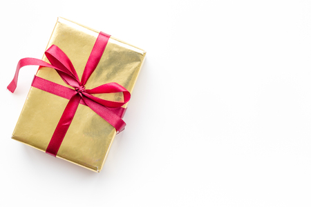 buying and wrapping presents for boxing day white background top view mockupの写真素材