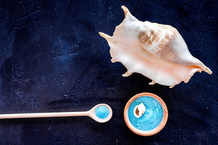 Spa set with blue sea cosmetics for bath and shell on dark top view mock-upの写真素材