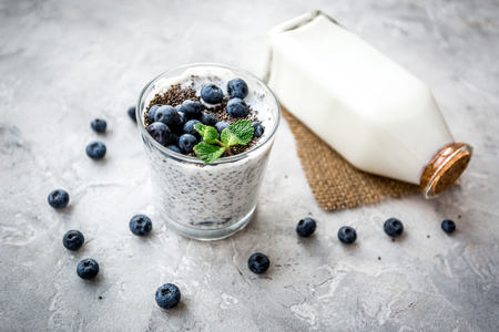 How to eat chia seeds. Dessert with yogurt, chia, blueberries and mint on grey backgroundの写真素材