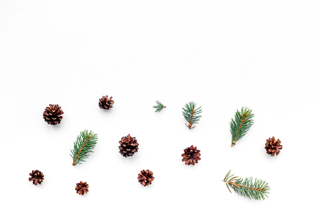 New year symbols pattern. Spruce branches and cones on white top view copyspaceの写真素材