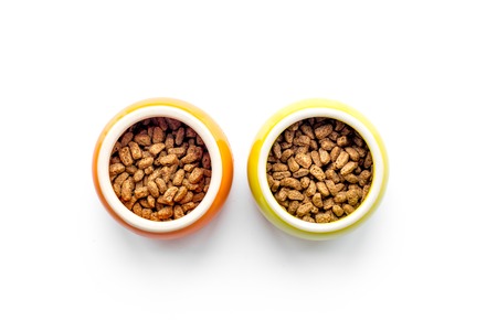 Pet food in bowl on white background top view copyspaceの写真素材