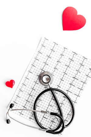 Examine the heart to prevent heart disease. Heart sign, cardiogram, stethoscope on white background top viewの写真素材