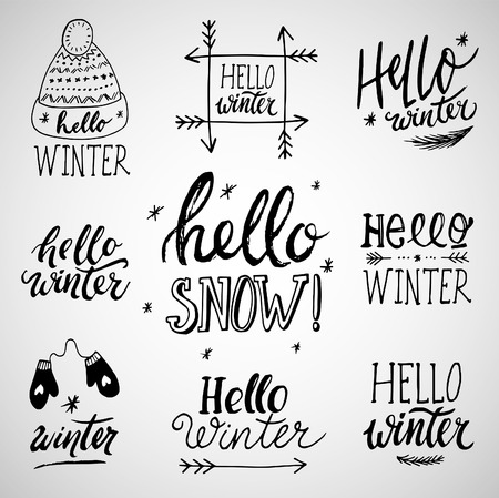 Winter phrases: set of vector illustrations with hand lettering. Hand written ink quotes isolated on white background - modern brush pen calligraphy.のイラスト素材