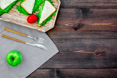 Sandwiches with lettuce and tomatoes for picnic on tablecloth on dark wooden background top view copyspaceの写真素材