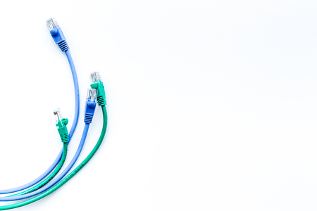 Network cables for computer on white background top view copyspace