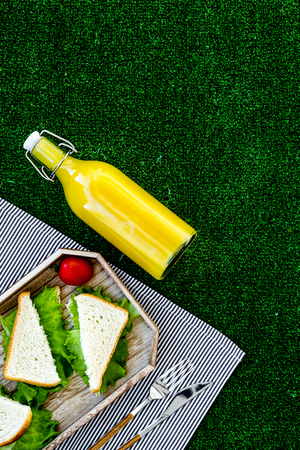 Sandwiches with lettuce for picnic on tablecloth on green grass background top view.の写真素材