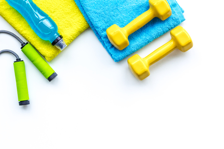 Fitness equipment on white background top view.の写真素材