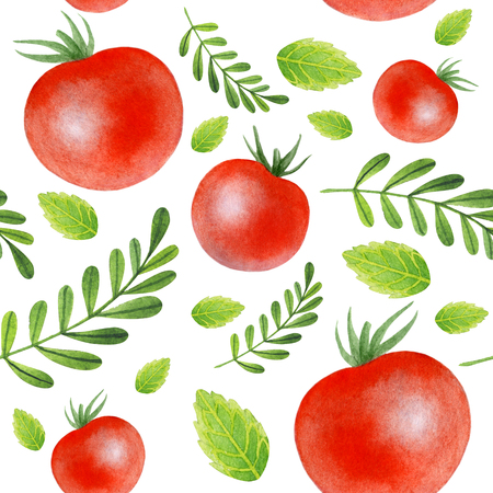 Painting of big red tomatos with leaves on white background.の写真素材