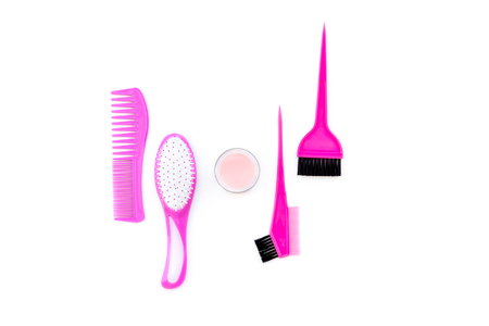 Professional hairdressing tools in beauty saloon. Combs, brushes on white background top view copy spaceの写真素材