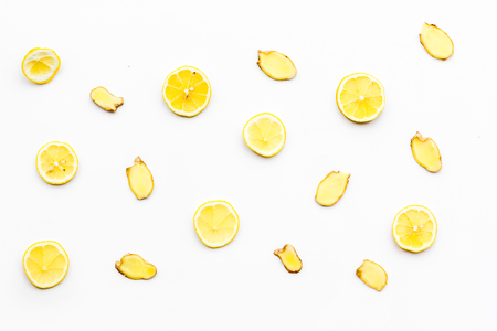 Fresh ginger root on white background top view.の写真素材