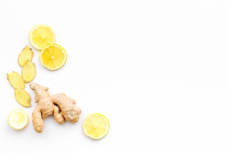 Fresh ginger root on white background top view.の写真素材