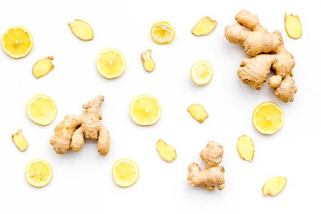 Fresh ginger root on white background top view.の写真素材