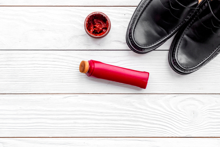 Shoe care products. White background top view.の写真素材