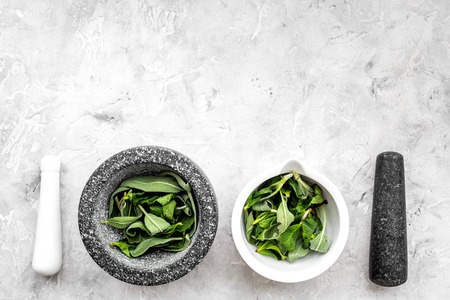 Harvest medicinal herbs. Greens in mortar bowl on grey background top view.の写真素材