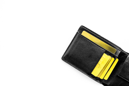 Electronic payments protection. Bank cards near lock and keys on white background top view.の写真素材