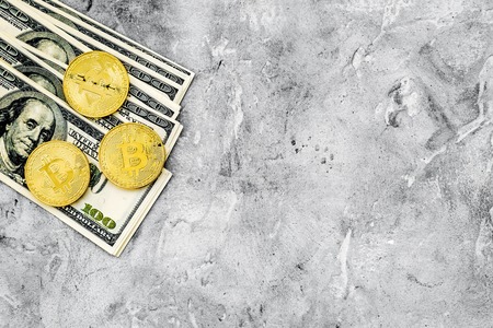 Bitcoin digital money for finance and online buy or sell on gray stone desk background top view mockupの写真素材