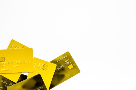 Bank card concept. Debit card, credit card. White background top view.の写真素材