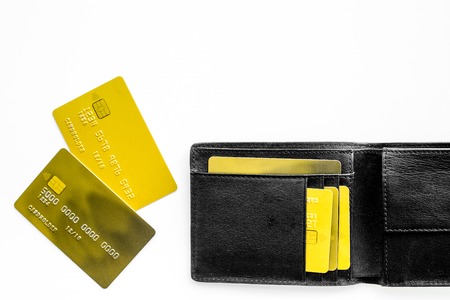 Bank card concept. Debit card, credit card. Black background top view.の写真素材