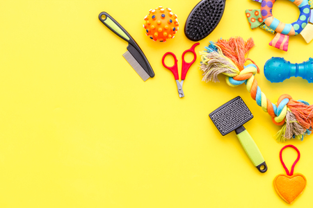 cats and dogs toys and acessories for pets yellow background top view mockupの写真素材