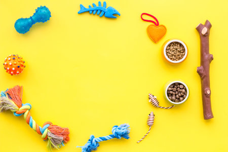 toys for pets and dry food on yellow background top view space for textの写真素材