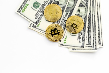 Online payment set with bitcoins and dollars on white background top view mock-upの写真素材